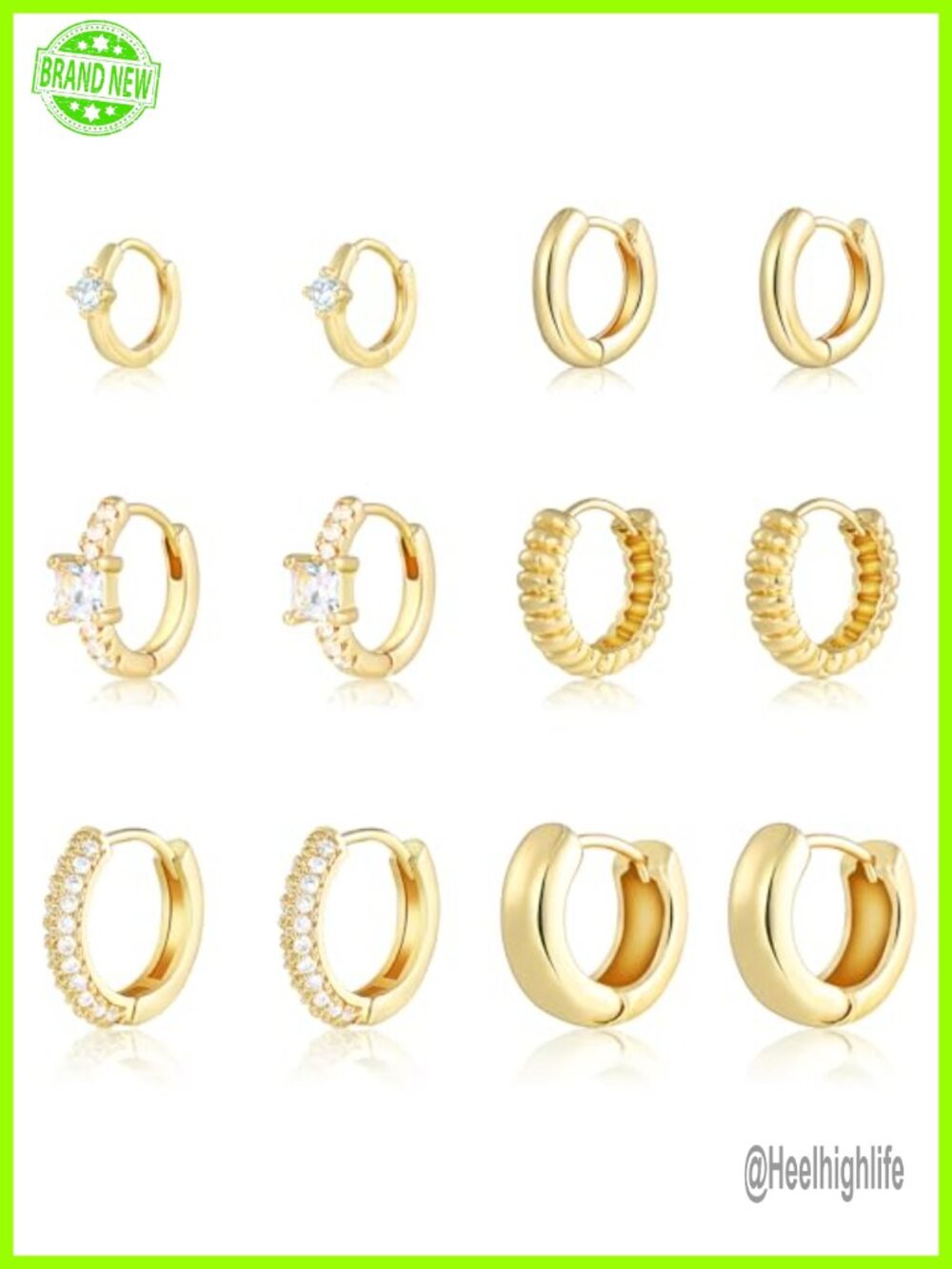 14K Gold Plated Hoop Earrings Set 6 Pairs Hypoallergenic CZ Huggie Hoops